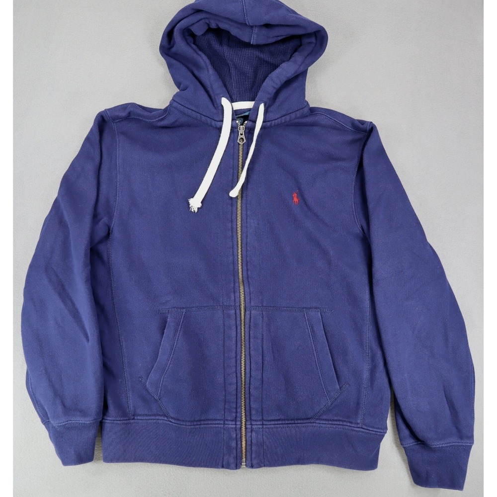 Polo Ralph Lauren Full Zip‎ Hoodie Large Blue Red Pony Rugby Weave Men Fleece